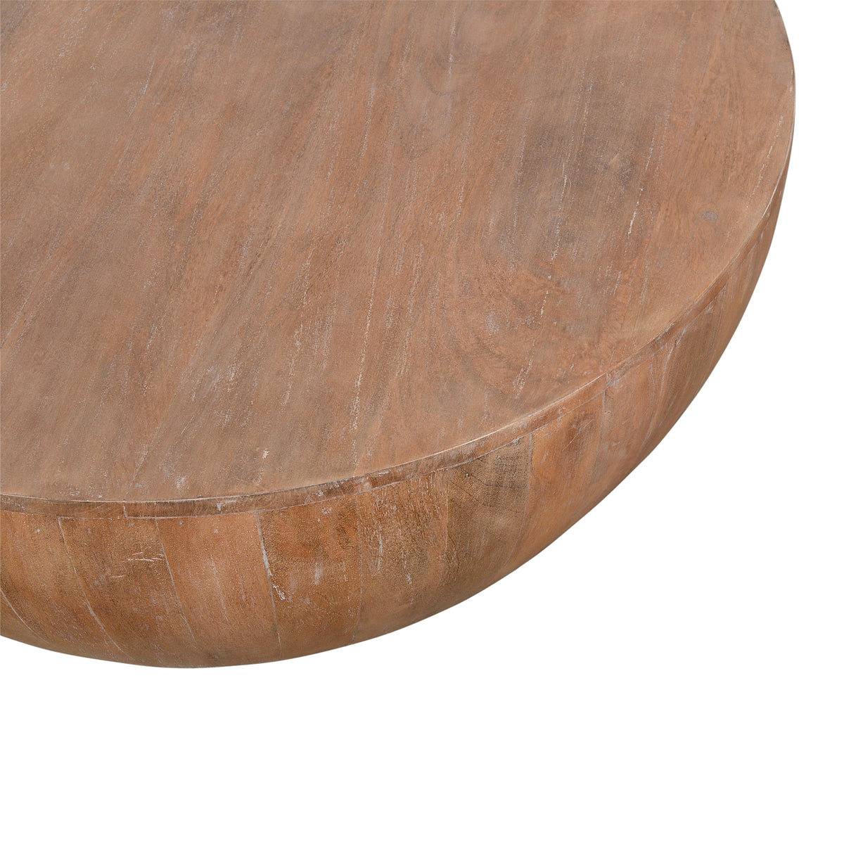 Arthur Drum Shape Wooden Coffee Table with Plank Design Base, Distressed Brown - UPT-32182