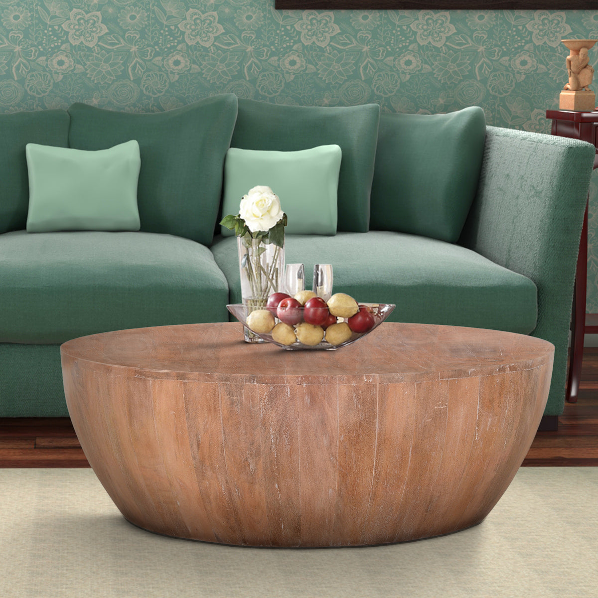 Arthur Drum Shape Wooden Coffee Table with Plank Design Base, Distressed Brown - UPT-32182