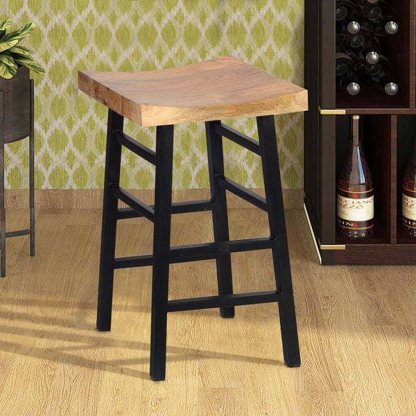 Wooden Saddle Seat 30 Inch Barstool With Ladder Base, Brown and Black - UPT‐636042216