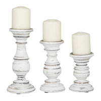 Taki Turned Design Wooden Candle Holder with Distressed Details, Set of 3, White - BM03604