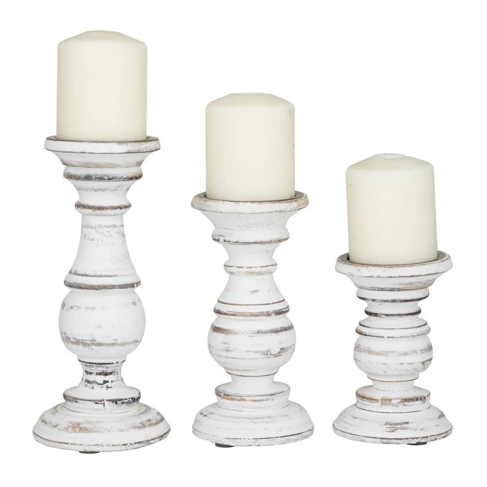 Taki Turned Design Wooden Candle Holder with Distressed Details, Set of 3, White - BM03604