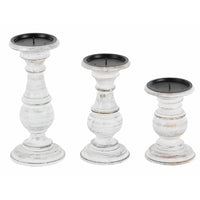 Taki Turned Design Wooden Candle Holder with Distressed Details, Set of 3, White - BM03604