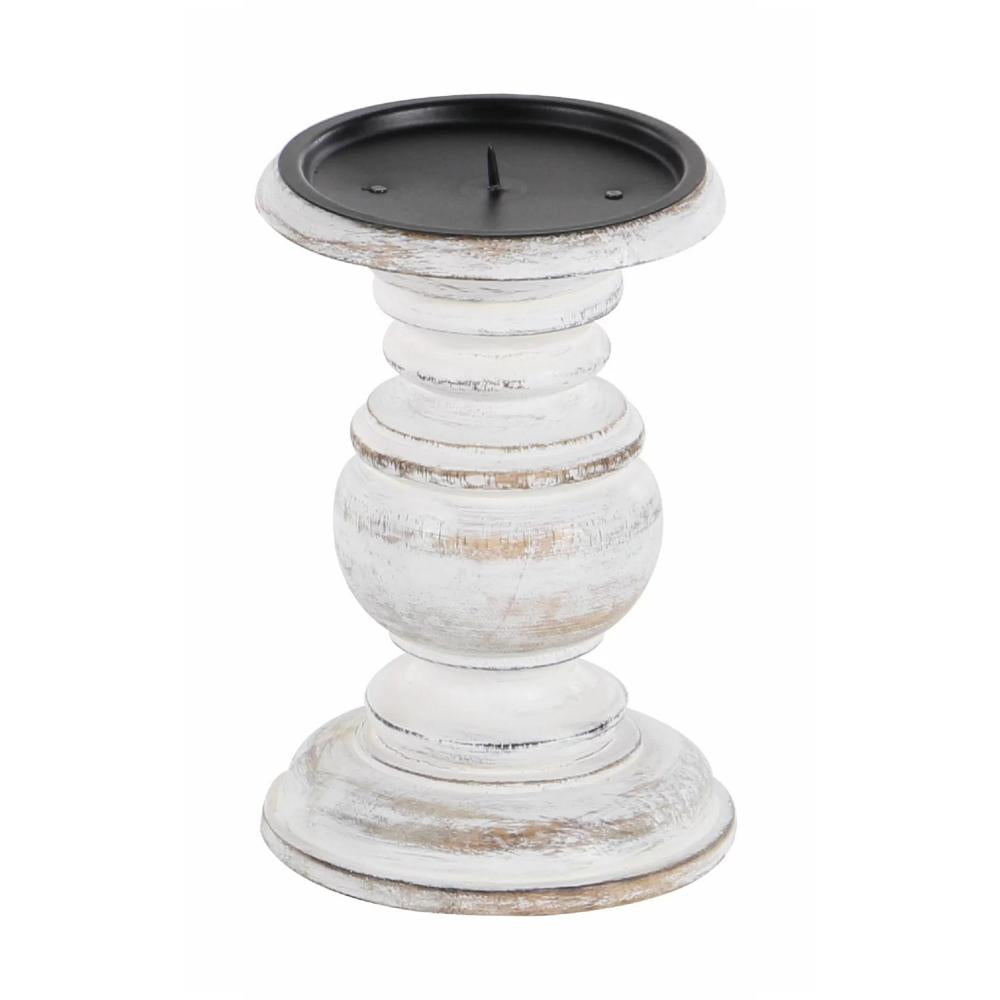 Taki Turned Design Wooden Candle Holder with Distressed Details, Set of 3, White - BM03604