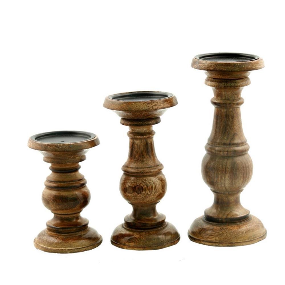 Taki Pillar Shaped Wooden Candle Holder, Set of 3, Brown- BM03605