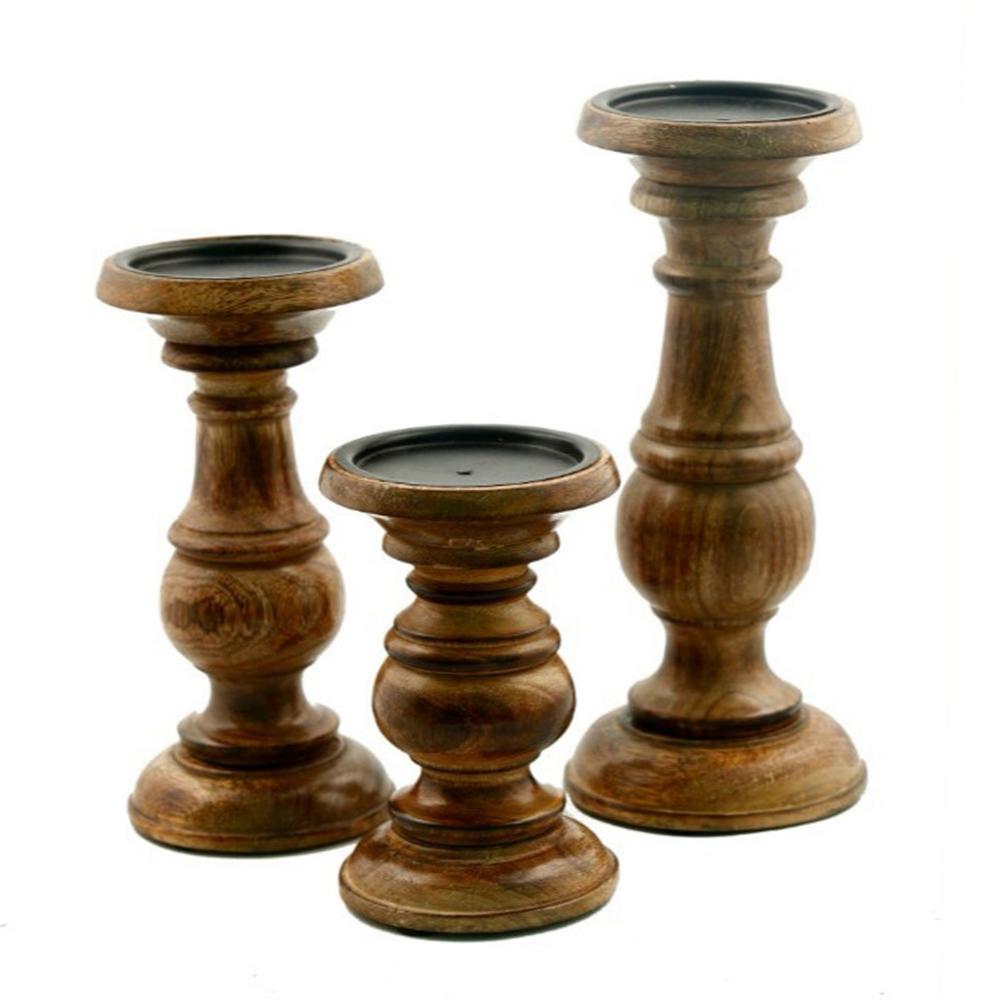 Taki Pillar Shaped Wooden Candle Holder, Set of 3, Brown- BM03605