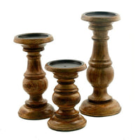 Taki Pillar Shaped Wooden Candle Holder, Set of 3, Brown- BM03605