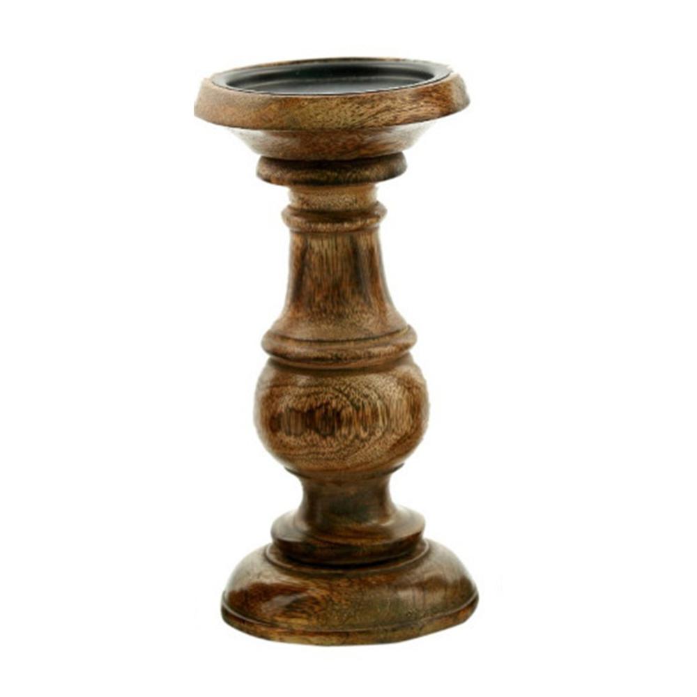 Taki Pillar Shaped Wooden Candle Holder, Set of 3, Brown- BM03605