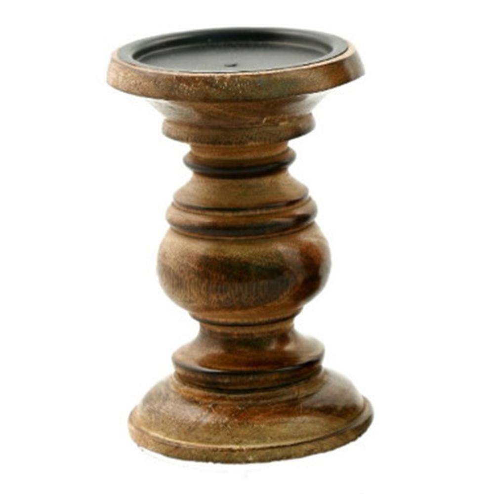 Taki Pillar Shaped Wooden Candle Holder, Set of 3, Brown- BM03605