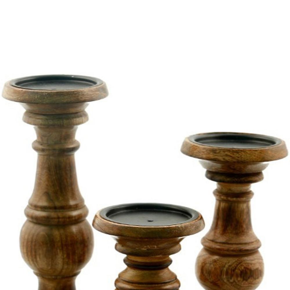 Taki Pillar Shaped Wooden Candle Holder, Set of 3, Brown- BM03605