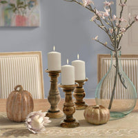 Pillar Shaped Wooden Candle Holder, Set of 3, Brown - BM03605