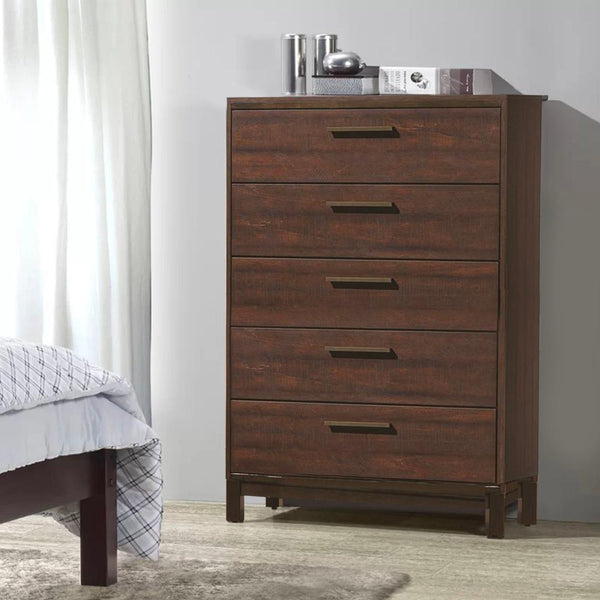 Wooden Chest with Five Drawers and Block Legs Support, Dark Brown - BM185323
