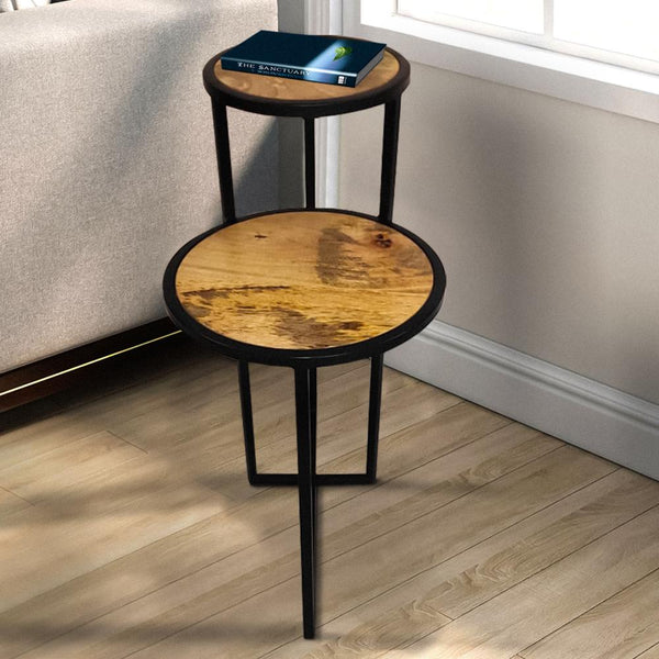 Two Tier Round Wooden Side Table with Metal Frame, Brown and Brass - UPT-242952
