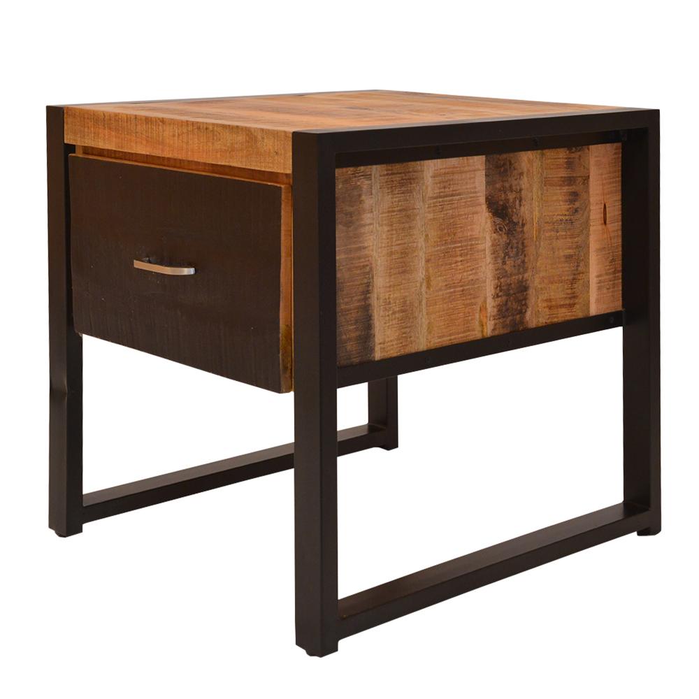 24 Inch Single Drawer Wooden Side Table with Metal Frame, Brown and Black - UPT-242953