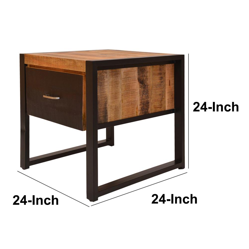 24 Inch Single Drawer Wooden Side Table with Metal Frame, Brown and Black - UPT-242953