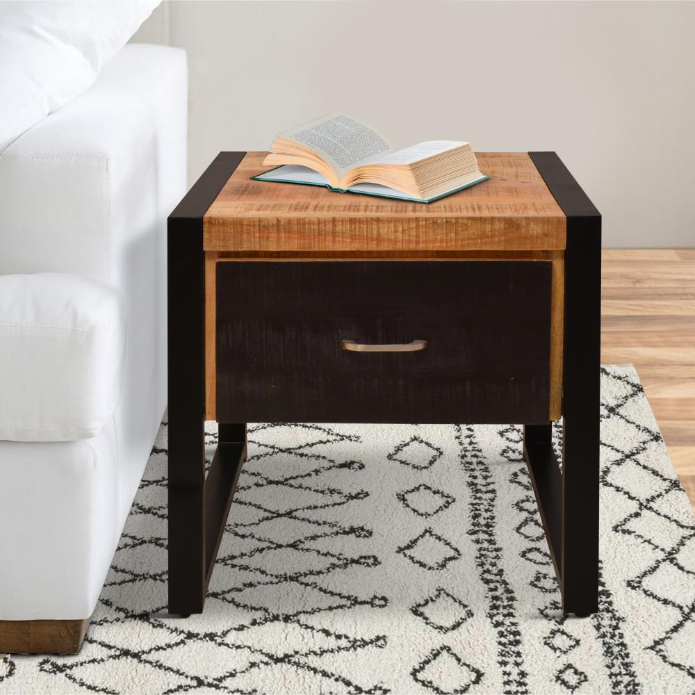 24 Inch Single Drawer Wooden Side Table with Metal Frame, Brown and Black - UPT-242953
