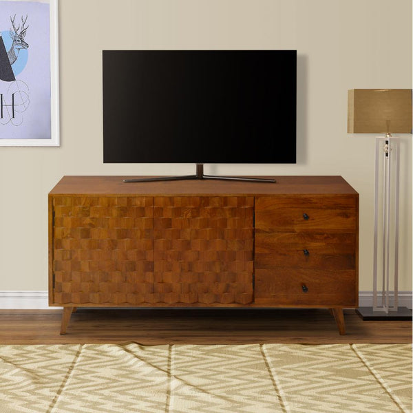 2 Door Wooden TV Console with 3 Drawers and Honeycomb Design, Walnut Brown - UPT-242956