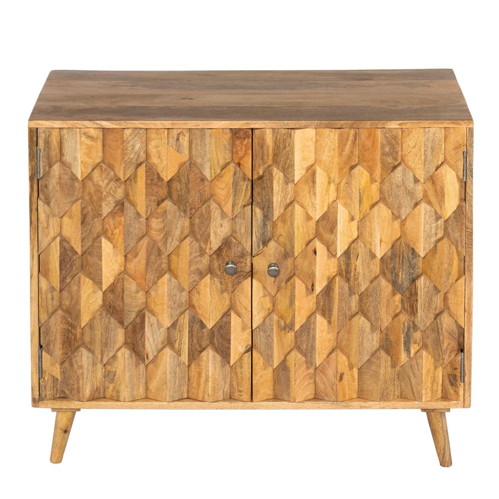 36 Inch Handcrafted Accent Cabinet, 2 Honeycomb Inlaid Doors, Mango Wood, Natural Brown - UPT-262406