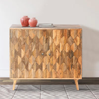 36 Inch Handcrafted Accent Cabinet, 2 Honeycomb Inlaid Doors, Mango Wood, Natural Brown - UPT-262406