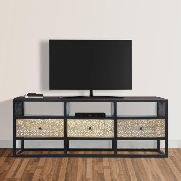 Carson 59 Inch Mango Wood TV Media Entertainment Console, Ornate Cut Out Floral Design, 3 Drawers, Natural Brown and Black - UPT-270554