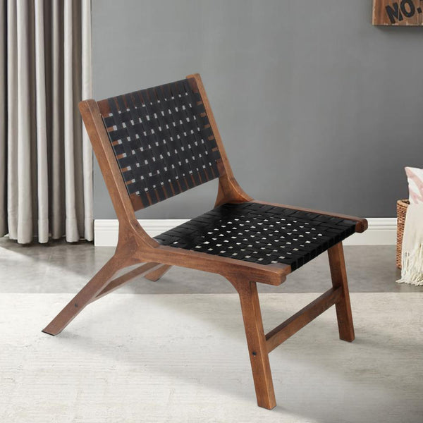 36 Inch Mango Wood Accent Chair, Woven Genuine Leather Seat, Walnut Brown, Black  - UPT-271292