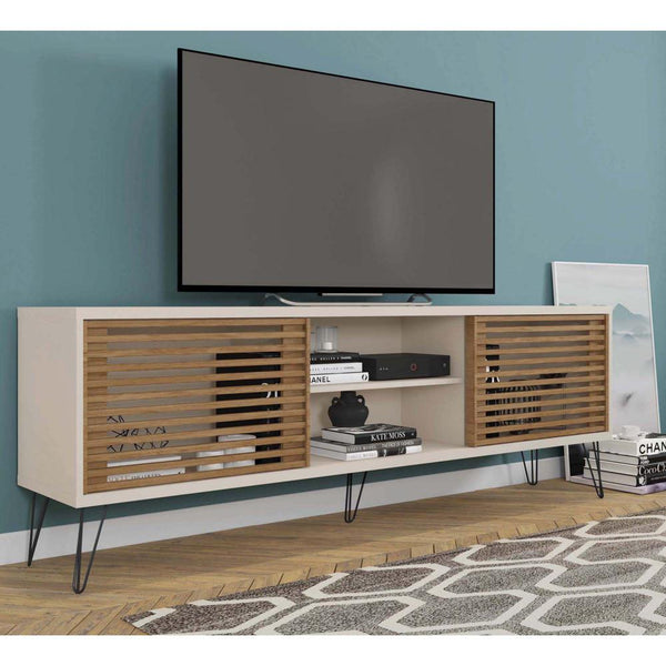 Arthur Wooden TV Stand with 2 Slatted Sliding Doors, Brown and Off White - UPT-271300