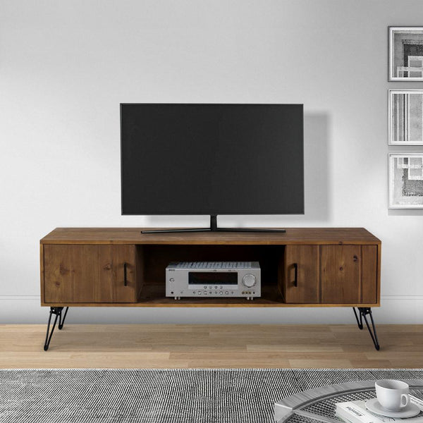 Clive 60 Inch Reclaimed Wood Rectangular Farmhouse TV Stand Media Console, 2 Doors, Iron Legs, Natural Brown - UPT-273092
