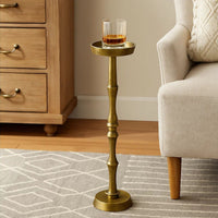26 Inch Side End Drink Table, Turned Pedestal Metal Base, Round Top, Oxidized Brass - UPT-297050