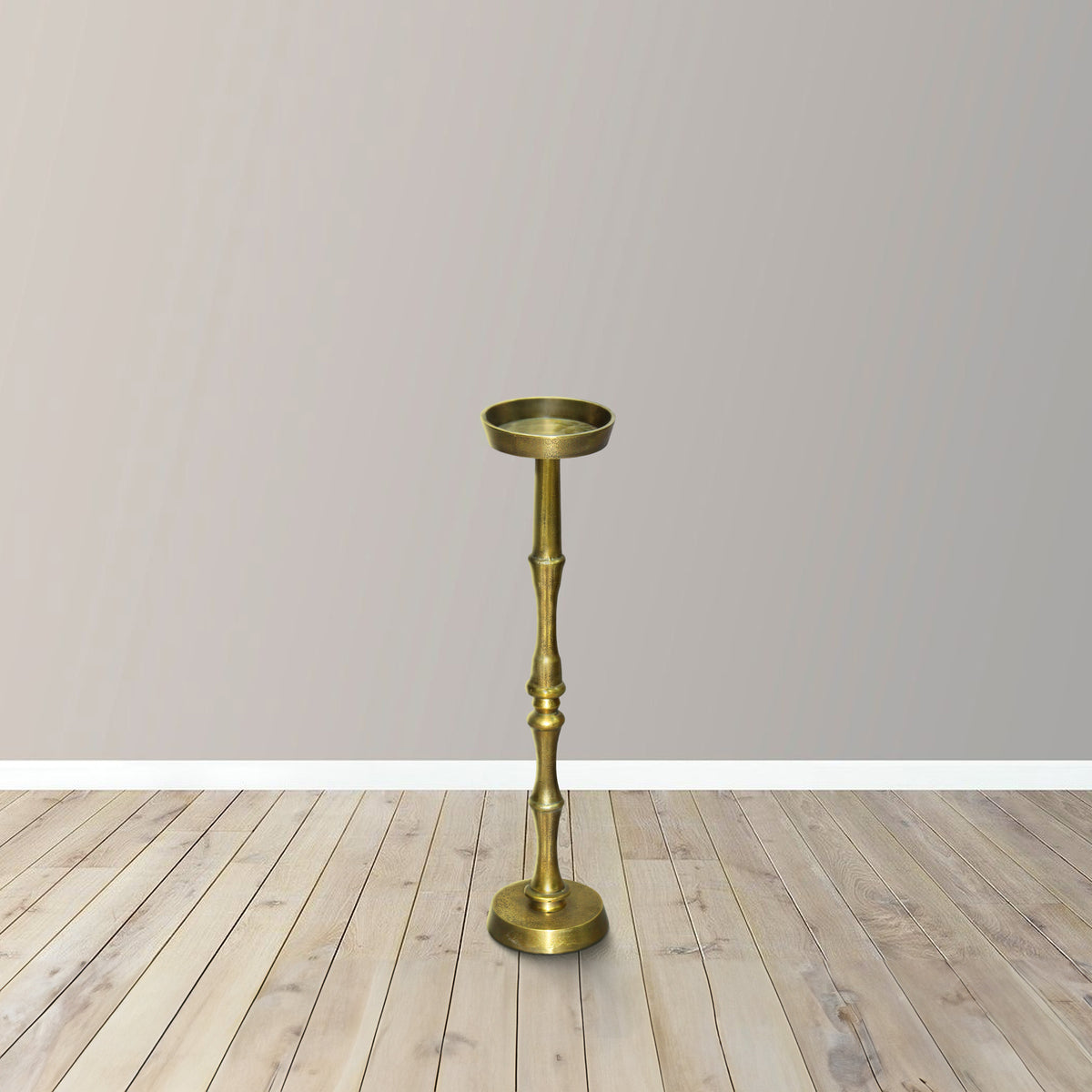 26 Inch Side End Drink Table, Turned Pedestal Metal Base, Round Top, Oxidized Brass - UPT-297050