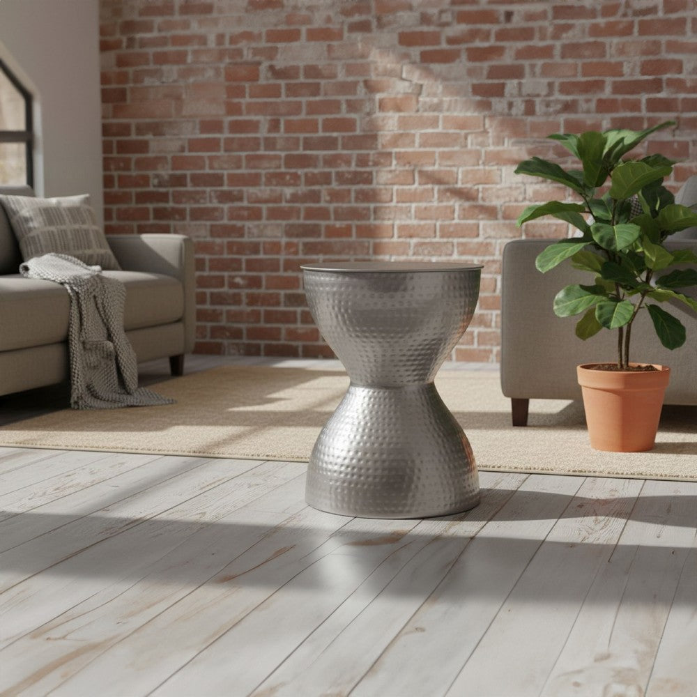 Industrial Style Hammered Texture Iron Stool with Hourglass Shaped Body, Silver - BM00602