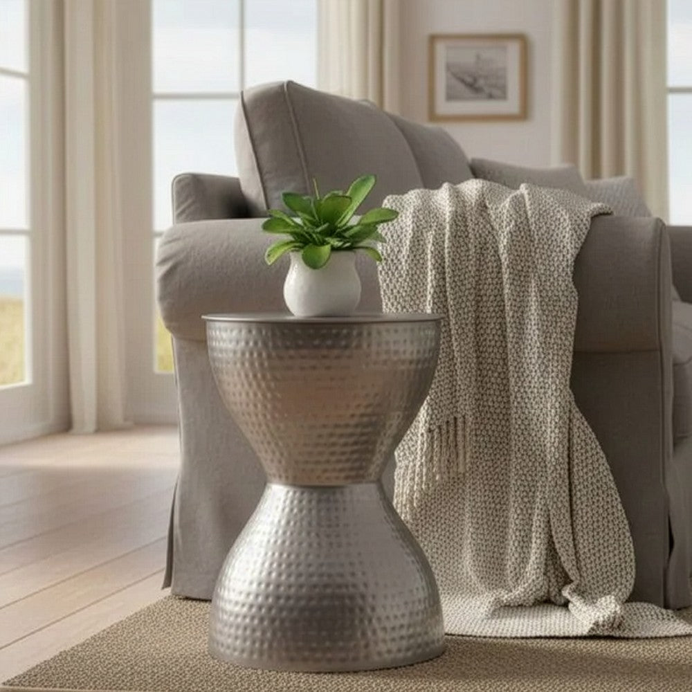 Industrial Style Hammered Texture Iron Stool with Hourglass Shaped Body, Silver - BM00602