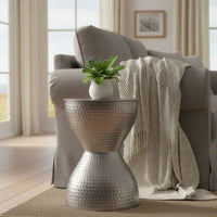 Industrial Style Hammered Texture Iron Stool with Hourglass Shaped Body, Silver - BM00602