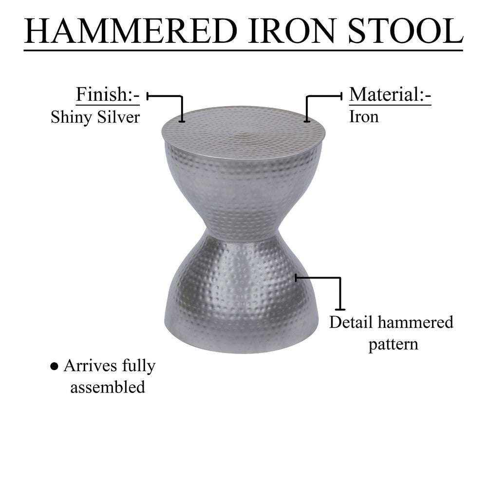Industrial Style Hammered Texture Iron Stool with Hourglass Shaped Body, Silver - BM00602