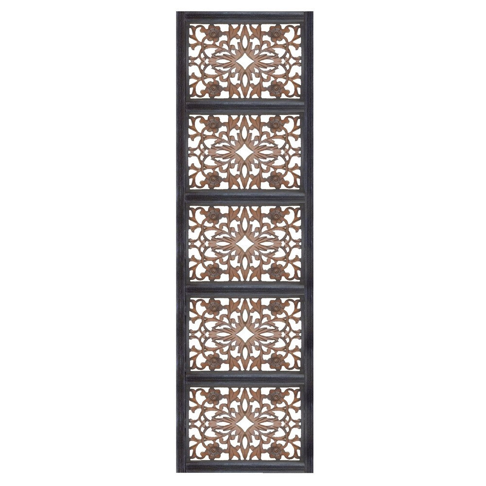 Rectangular Wall Panel with Intricate Floral Carvings, Burnt Black - BM01869