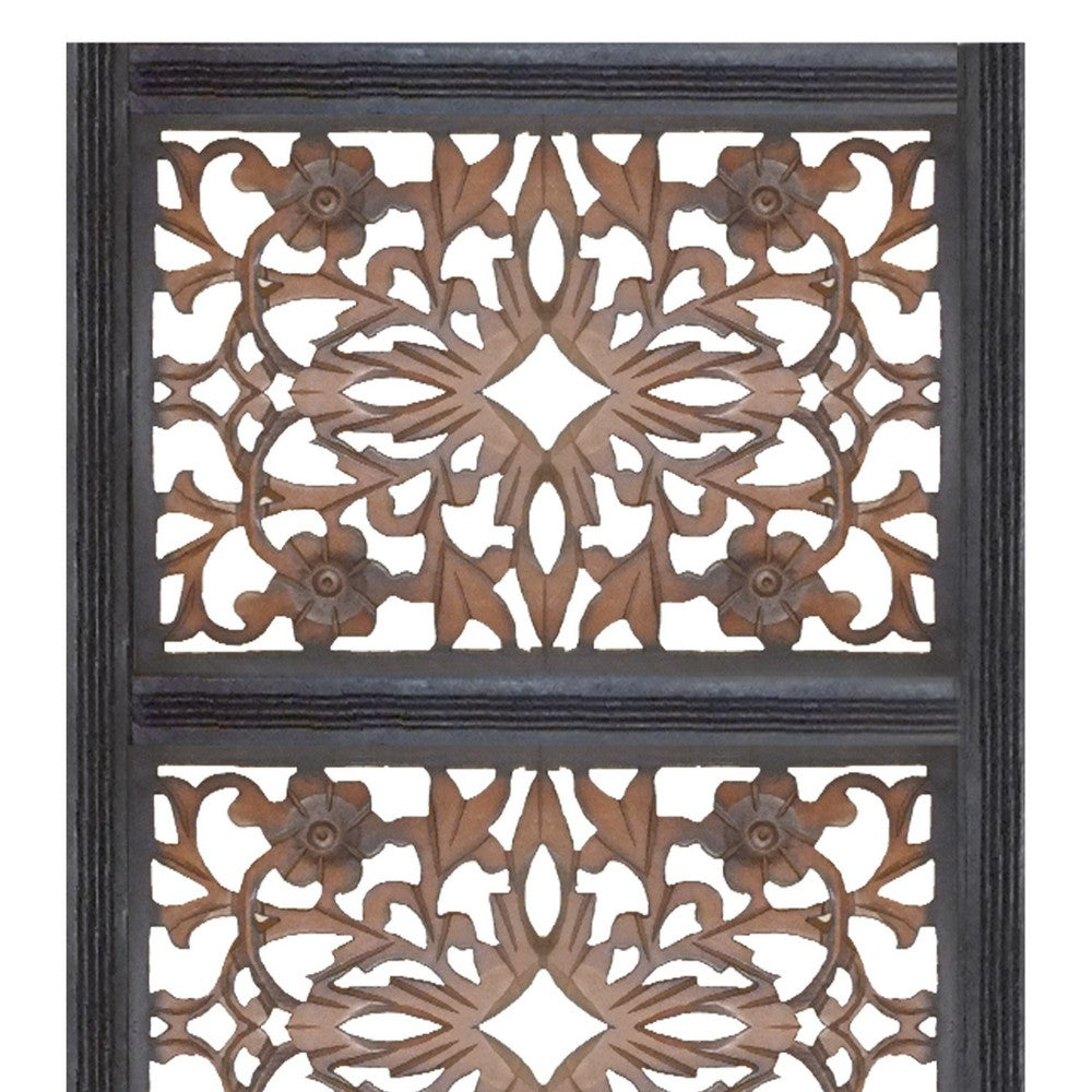 Rectangular Wall Panel with Intricate Floral Carvings, Burnt Black - BM01869