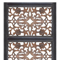 Rectangular Wall Panel with Intricate Floral Carvings, Burnt Black - BM01869