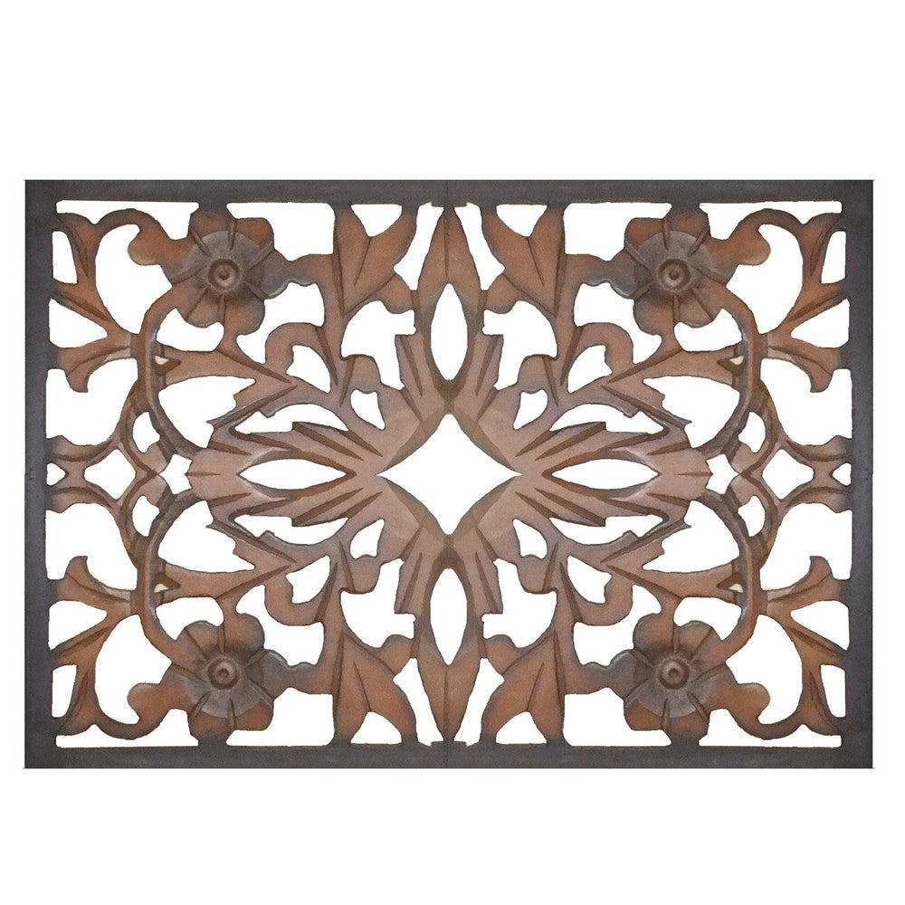 Rectangular Wall Panel with Intricate Floral Carvings, Burnt Black - BM01869