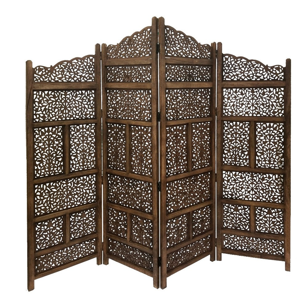Benzara Hand Carved Foldable 4-Panel Wooden Partition Screen/RoomDivider,Brown - BM01875