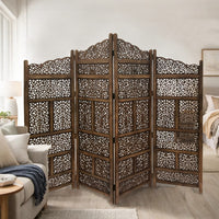Benzara Hand Carved Foldable 4-Panel Wooden Partition Screen/RoomDivider,Brown - BM01875