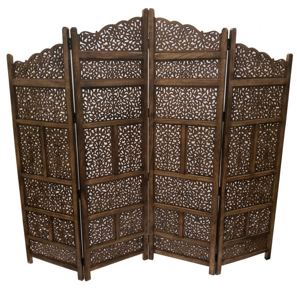 Benzara Hand Carved Foldable 4-Panel Wooden Partition Screen/RoomDivider,Brown - BM01875