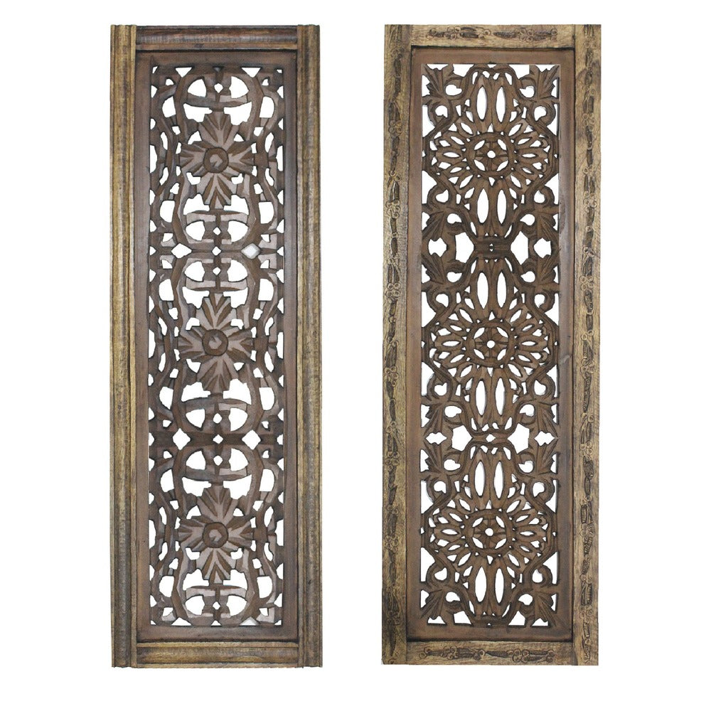 Benzara Floral Hand Carved Wooden Wall Panels, Assortment of Two, Brown - BM01881