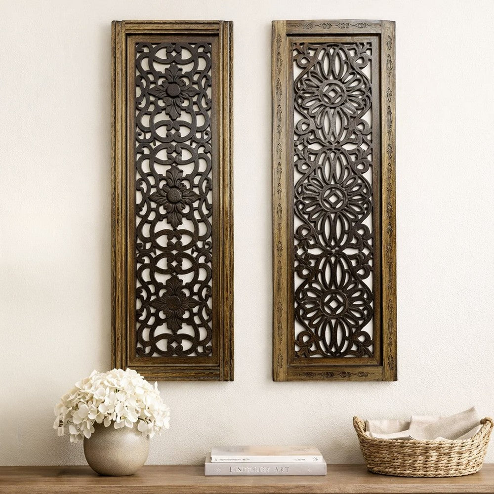 Benzara Floral Hand Carved Wooden Wall Panels, Assortment of Two, Brown - BM01881