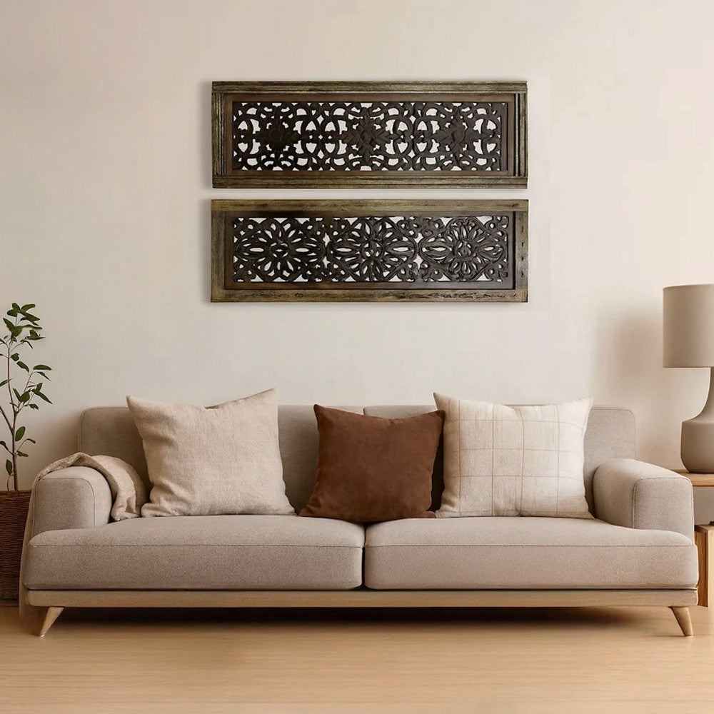 Benzara Floral Hand Carved Wooden Wall Panels, Assortment of Two, Brown - BM01881