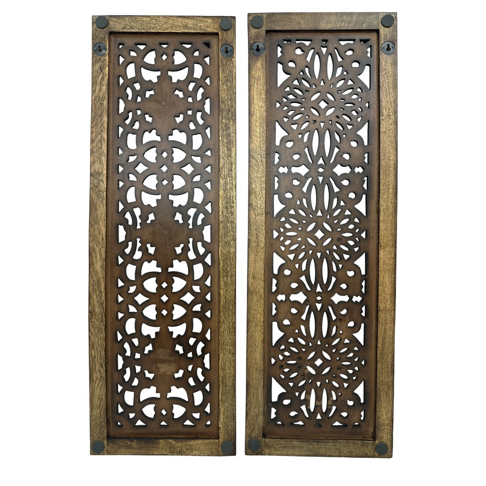 Benzara Floral Hand Carved Wooden Wall Panels, Assortment of Two, Brown - BM01881