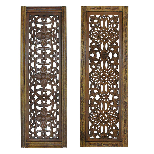 Benzara Floral Hand Carved Wooden Wall Panels, Assortment of Two, Brown - BM01881