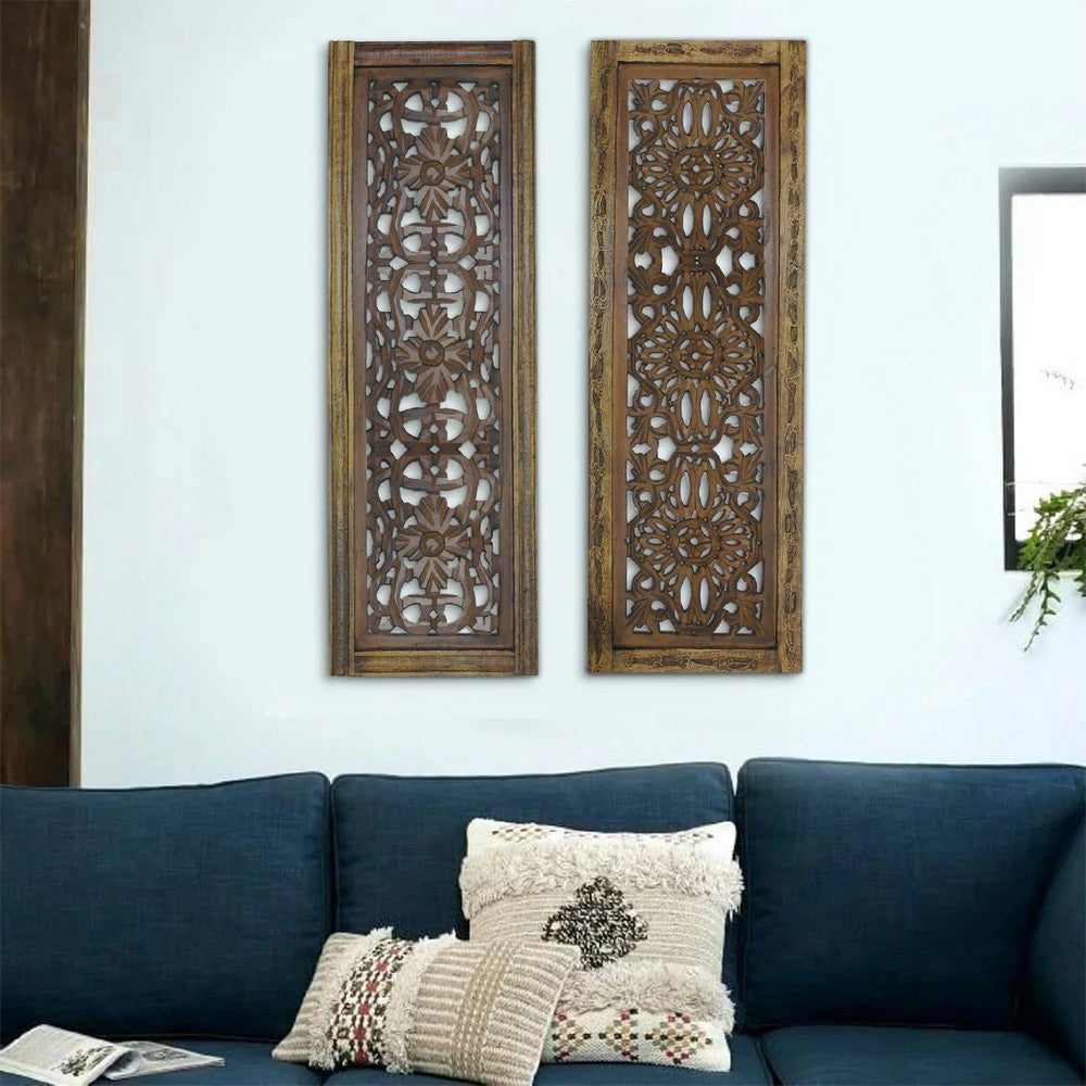 Benzara Floral Hand Carved Wooden Wall Panels, Assortment of Two, Brown - BM01881