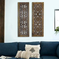 Benzara Floral Hand Carved Wooden Wall Panels, Assortment of Two, Brown - BM01881