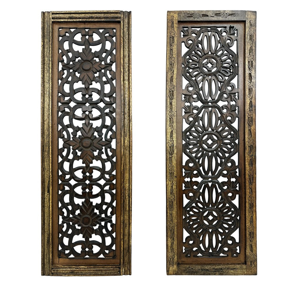 Benzara Floral Hand Carved Wooden Wall Panels, Assortment of Two, Brown - BM01881