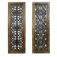 Benzara Floral Hand Carved Wooden Wall Panels, Assortment of Two, Brown - BM01881