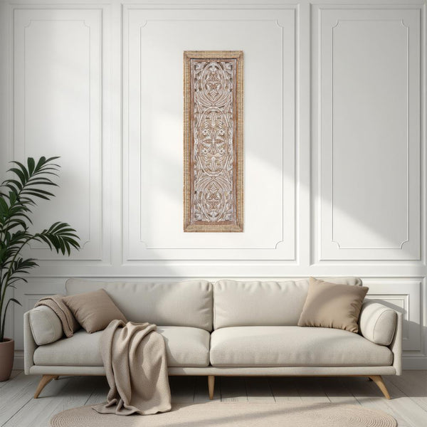 Rectangular Mango Wood Wall Panel Hand Crafted With Intricate Carving, White and Brown - BM01908