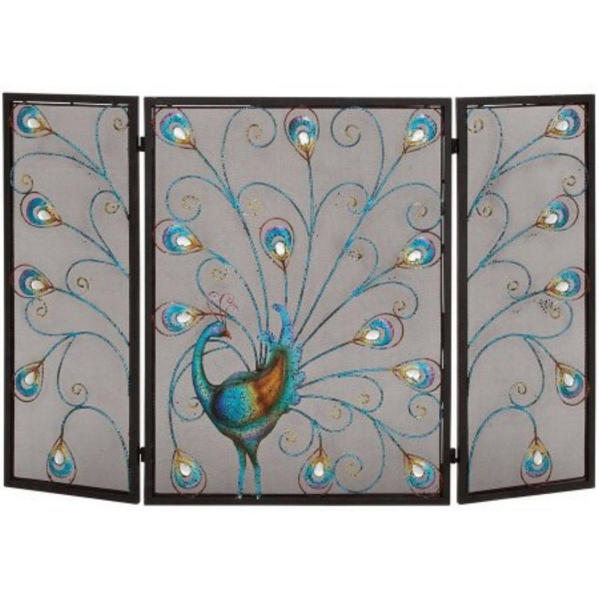 Peacock Theme Metal 3 Panel Mesh Fireplace Screen, Multicolor - BM04366